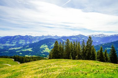 Niederau yakınlarındaki Markbachjoch manzarası. Tyrol 'daki Wildschoenau yakınlarında doğa ve çevre dağlar.