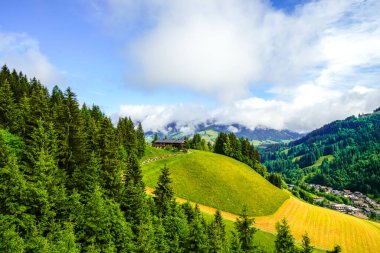 Auffach ve çevresindeki manzaranın görüntüsü. Avusturya 'nın Kufstein ilçesine bağlı Wildschoenau belediyesine bağlı Idyllic kasabası. Tyrol 'da dağları olan doğa.