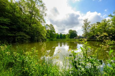 Knuellwald 'ın kuzeyindeki Hesse belediyesinin Wallenstein ilçesindeki gölet ve çevre manzarası.
