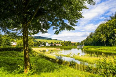 Reservoir on the dam wall at Diemelsee and the surrounding landscape. Nature at the Diemel Dam in the Sauerland.