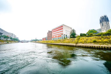 View of the surrounding area at the harbor in Duisburg. Industrial port on the Ruhr.