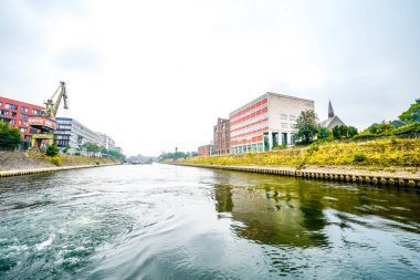 View of the surrounding area at the harbor in Duisburg. Industrial port on the Ruhr.