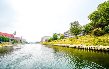 View of the surrounding area at the harbor in Duisburg. Industrial port on the Ruhr.