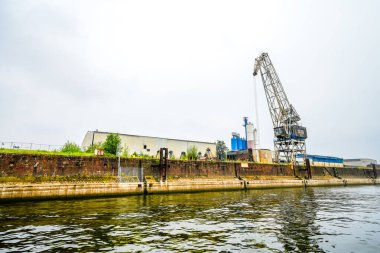 View of the surrounding area at the harbor in Duisburg. Industrial port on the Ruhr.