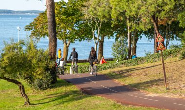 Güneşli bir günde bisiklet süren bir insan.