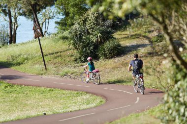 Bisiklet süren kişi bisiklet yolunda güneşli bir günde