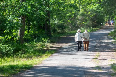 Güneşli bir günde gezinti güvertesinde yürüyen yaşlı bir çift