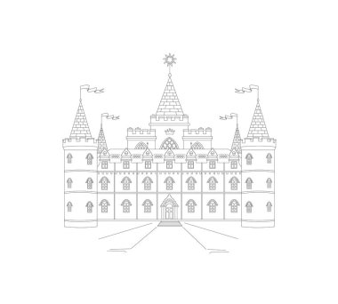 Castle with towers, flags, central star. use: decoration, postcard, coloring, wood carving layout, wood burning, paper cutting, wall painting, clothing print, poster. vector outline illustration.