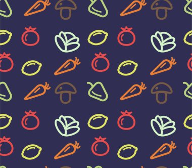 Doğrusal gıda ikonlarının kusursuz deseni - mantar, havuç, domates, limon, biber, lahana. Web tasarımı, kartpostallar, duvar kağıtları, tekstil, arka plan, ambalajlar, kartpostallar, davetiyeler için..