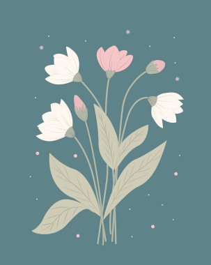 Tebrik kartı, düğün davetiyesi, özür, turkuaz arka planda aşk için çiçek buketi. Basit düz karalama çizimi.