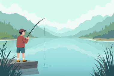 Sakin bir gölün kıyısında, manzaralı tepeleri ve berrak gökyüzü olan bir çocuğun sakin bir şekilde balık avlamasının resmi. Çocukluk, doğa, rahatlama ve açık hava yaşam tarzı temaları için ideal.