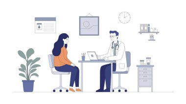 Modern bir klinikteki kadın bir hastaya asgari dekor, dizüstü bilgisayar, bitkiler, klinik mobilyalar ve sessiz renklerle danışan bir doktorun düz çizimi. Profesyonel ve temiz sağlık hizmeti kavramı