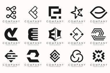 E harfinin soyut logo tasarım sembolü koleksiyonu. Geometrik logo mega koleksiyonu harflerle.