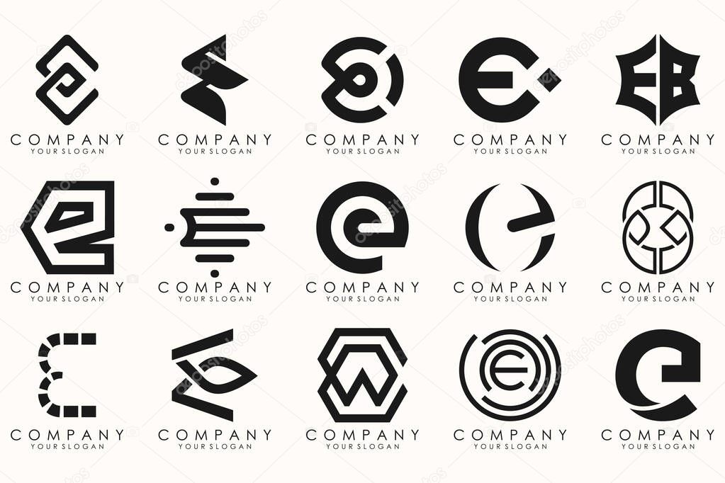 Collection of letter E abstract logo design symbol. Geometrical logos mega collection with letters.