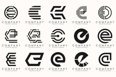 Collection of letter E abstract logo design symbol. Geometrical logos mega collection with letters. clipart