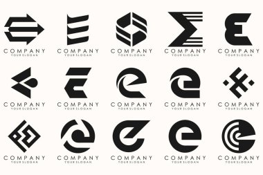 E harfinin soyut logo tasarım sembolü koleksiyonu. Geometrik logo mega koleksiyonu harflerle.
