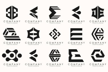 E harfinin soyut logo tasarım sembolü koleksiyonu. Geometrik logo mega koleksiyonu harflerle.