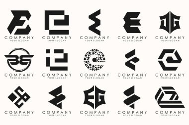 E harfinin soyut logo tasarım sembolü koleksiyonu. Geometrik logo mega koleksiyonu harflerle.