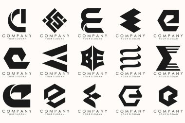 E harfinin soyut logo tasarım sembolü koleksiyonu. Geometrik logo mega koleksiyonu harflerle.