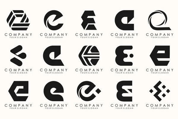 E harfinin soyut logo tasarım sembolü koleksiyonu. Geometrik logo mega koleksiyonu harflerle.