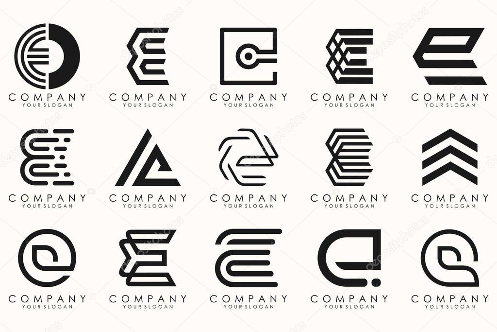 Collection of letter E abstract logo design symbol. Geometrical logos mega collection with letters.