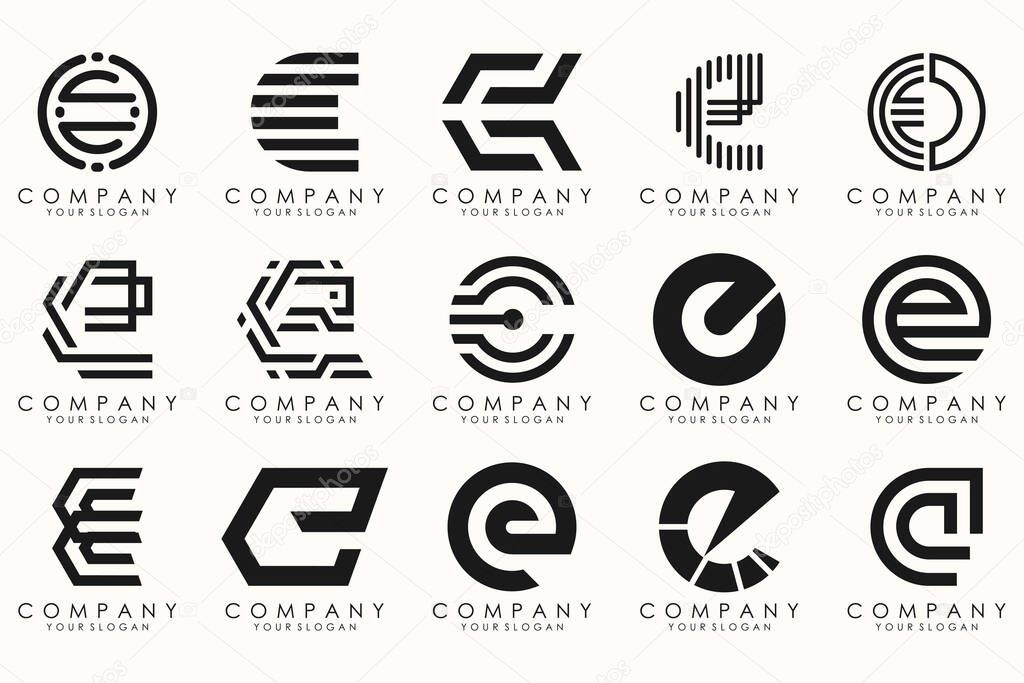 Collection of letter E abstract logo design symbol. Geometrical logos mega collection with letters.