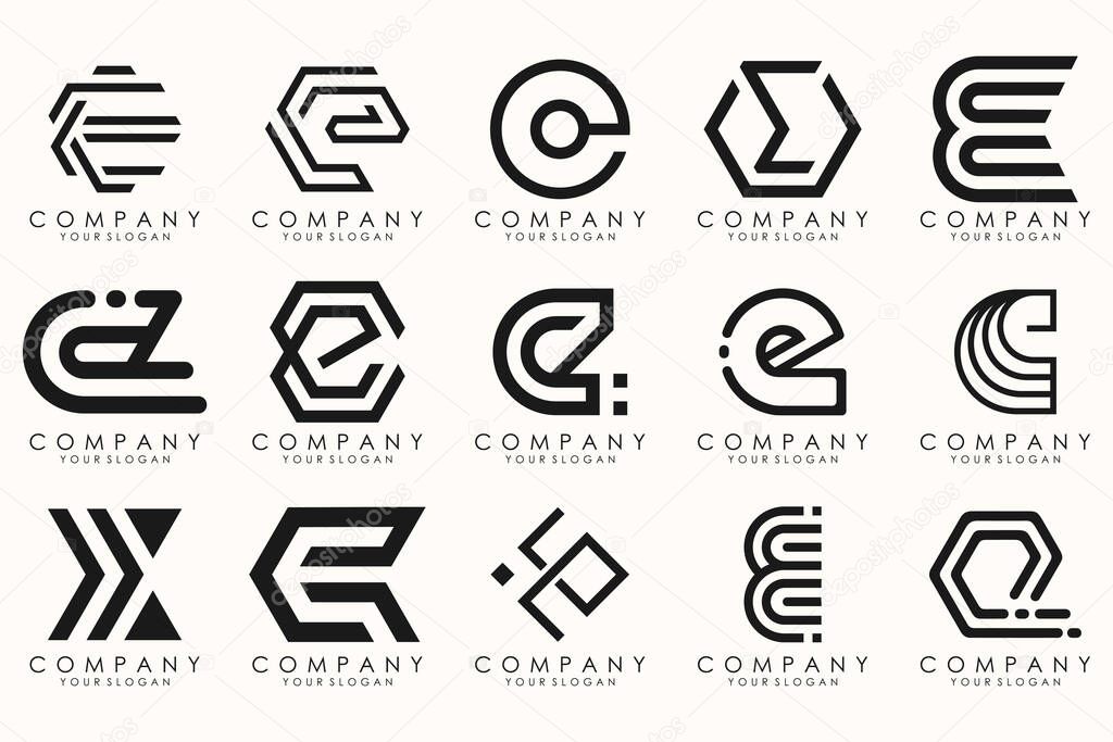 Collection of letter E abstract logo design symbol. Geometrical logos mega collection with letters.