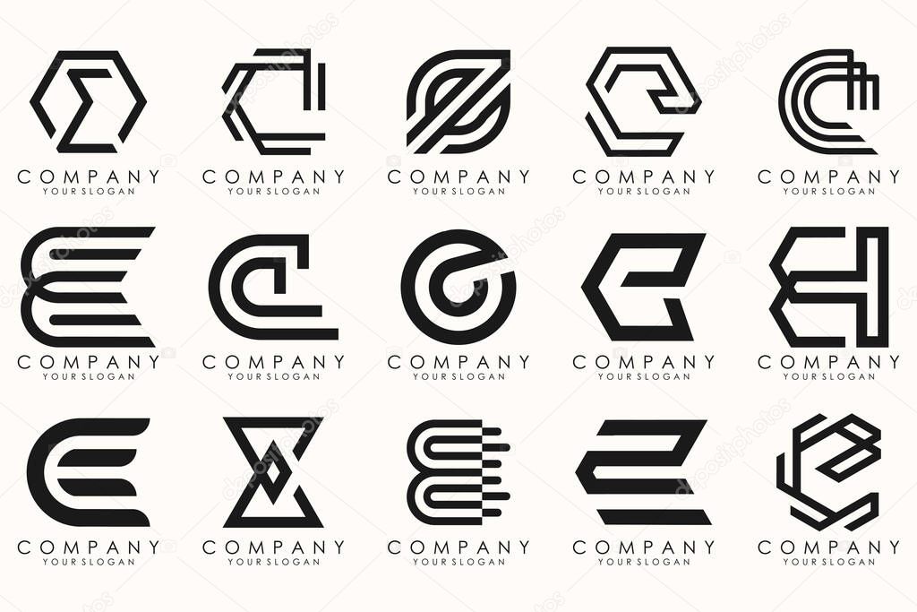 Collection of letter E abstract logo design symbol. Geometrical logos mega collection with letters.