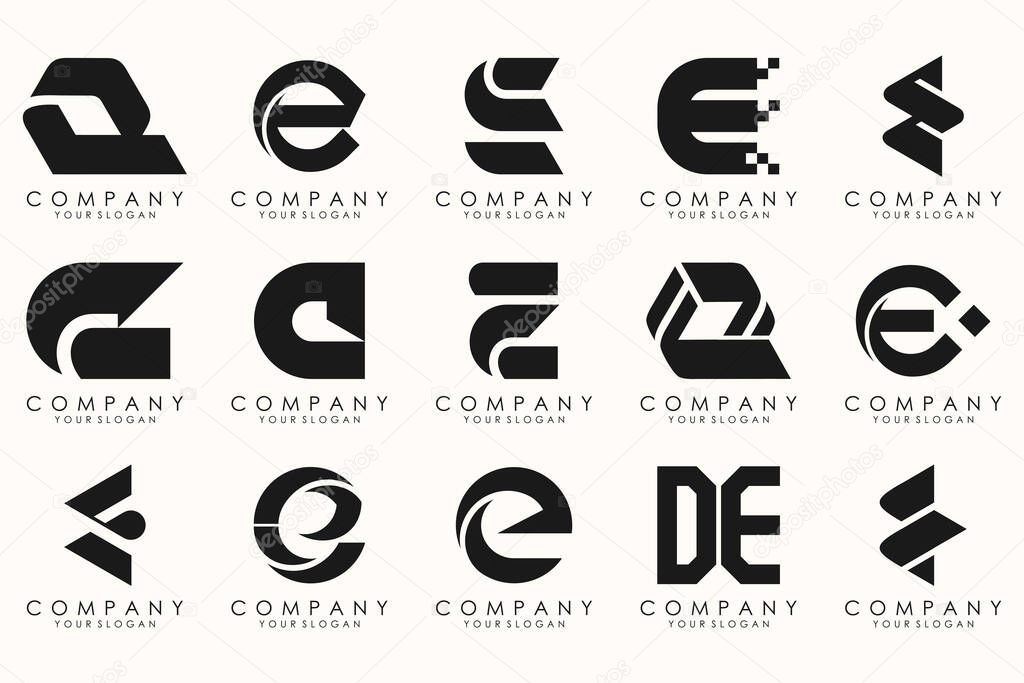 Collection of letter E abstract logo design symbol. Geometrical logos mega collection with letters.