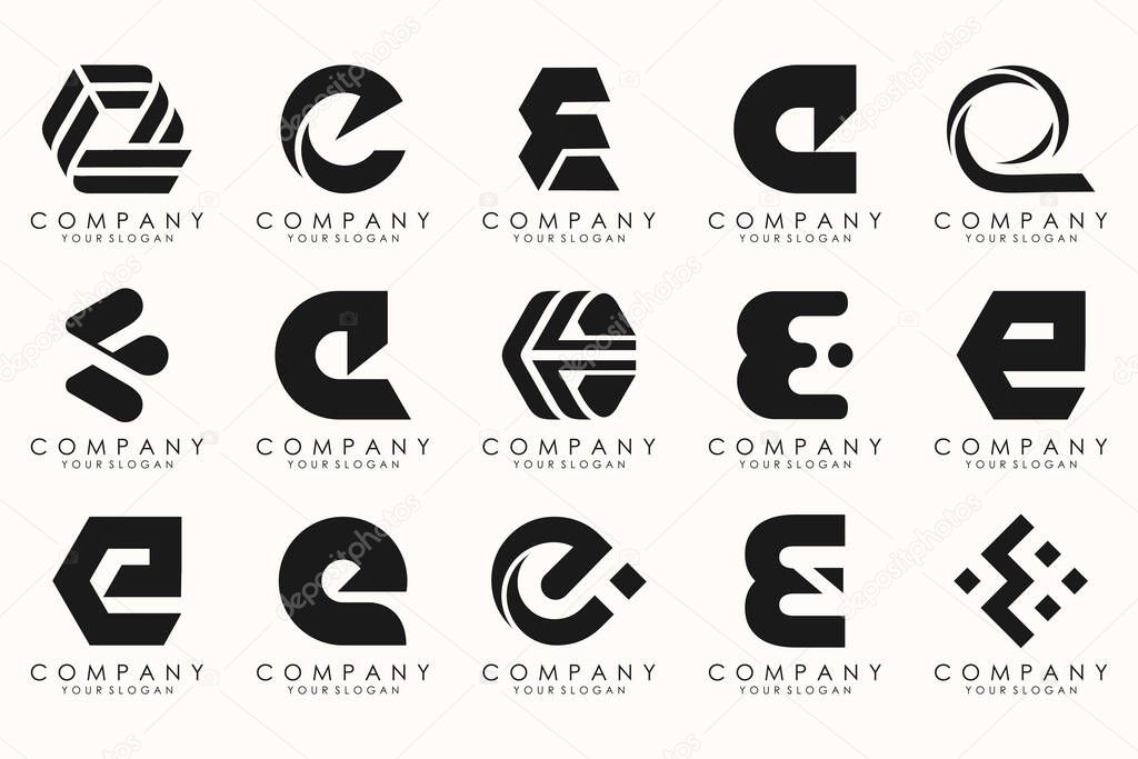 Collection of letter E abstract logo design symbol. Geometrical logos mega collection with letters.