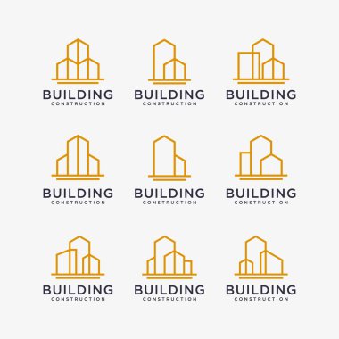 Altın bina logosu tasarımları. Çizgi sanatı tarzında inşaat logosu tasarımı.