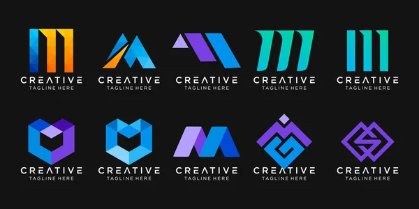 Soyut monogram M harfi logo şablonu seti. Moda, spor, dijital ve teknoloji sektörleri için simgeler.