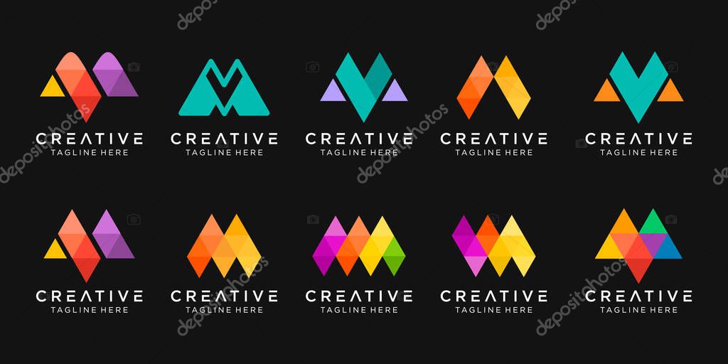 Set of abstract monogram letter M logo template. icons for business of fashion, sport, digital, technology.