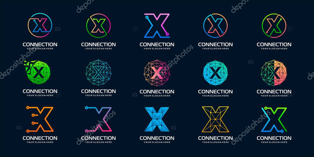 Set of creative letter X Modern Digital Technology Logo Design. The logo can be used for technology, digital, connection, electric company.