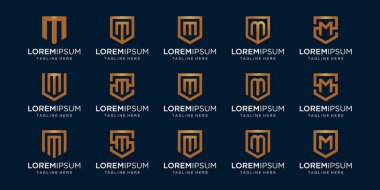 M harfinin baş harfi ve kalkan işareti kombinasyonu. Çizgi sanat logosu tasarımı. Güvenilirliği, güvenliği, gücü, güvenliği sembolize eder. lüks logotip.