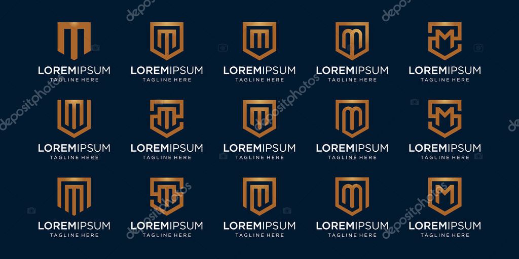 Set of letter M monogram and shield sign combination. Line art logo design. Symbolizes reliability, safety, power, security. luxury logotype.