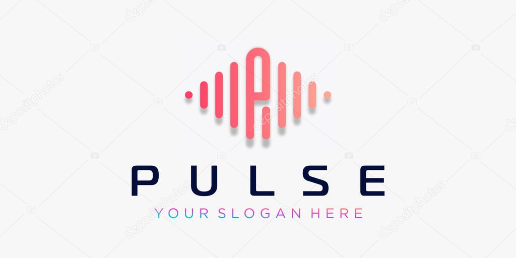 Letter p with pulse logo design. pulse element. logo template electronic music, equalizer, store, DJ music, nightclub, disco. audio wave logo concept, multimedia technology themed, abstract shape.