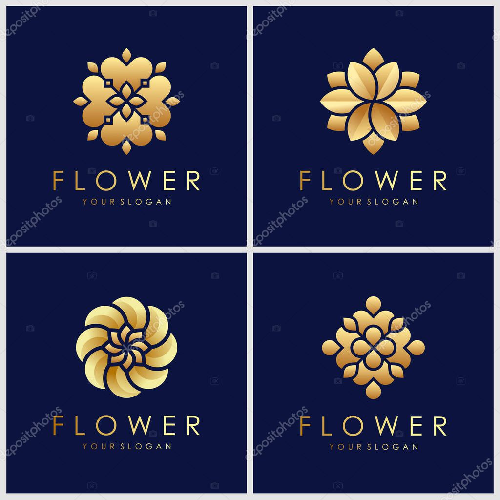 Set of minimalist golden elegant Flower logo design inspiration.