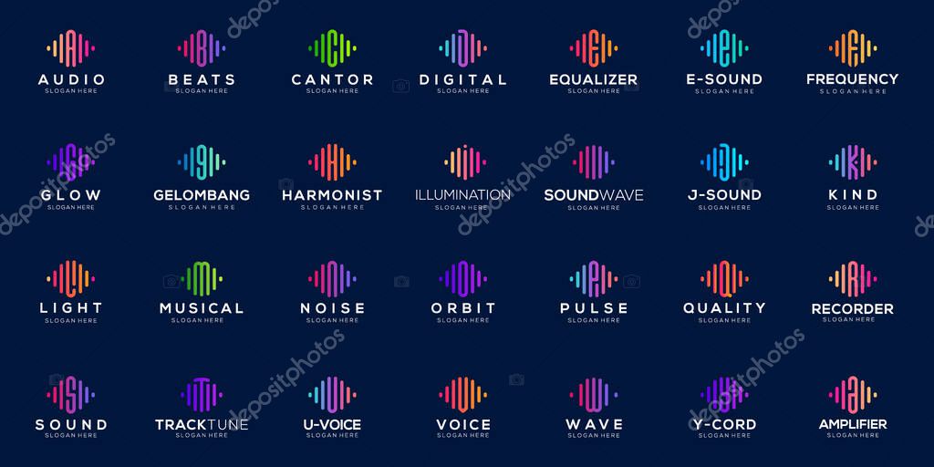 Set pulse symbol from letter A to letter Z logo design. Audio wave logo concept. Electronic music template logo, sound, equalizer, shop, DJ music, nightclub, disco.