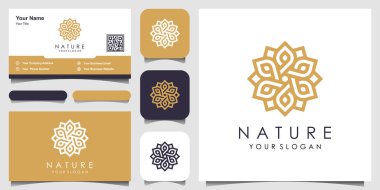 Çizgili sanat tarzı logosu ve kartvizit tasarımı olan minimalist zarif çiçekli bir gül. Güzellik logosu, kozmetik, yoga ve kaplıca. logo ve kartvizit tasarımı