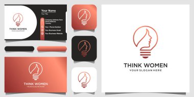 Çizgili sanat logosu ve kartvizit tasarımı olan ampul lambalı bir kadın.