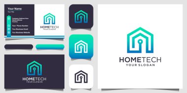 Çizgi sanatı tarzı logosu ve kart tasarımı olan akıllı ev teknolojisi