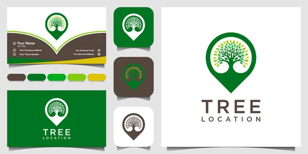 Położenie Drzewa Symboli Pin Mapy Łączą Się Drzewem Logo Projekt — Wektor stockowy