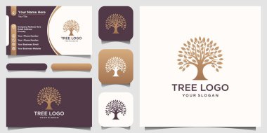 Ağaç altın logo tasarımı elementleri. Yeşil Bahçe Vektör Logo Şablonu ve kartvizit Tasarımı