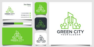 Green City Emlak logosu tasarım vektör şablonu binası. Çevre dostu binalar için minimalist ana hat sembolü. simge ve kartvizit Premium Vektörü.