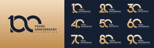 10. ve 100. yıl dönümü logoti tasarımı koleksiyonu. Kutlama etkinliği, düğün, tebrik kartı ve davetiye için altın renkli.
