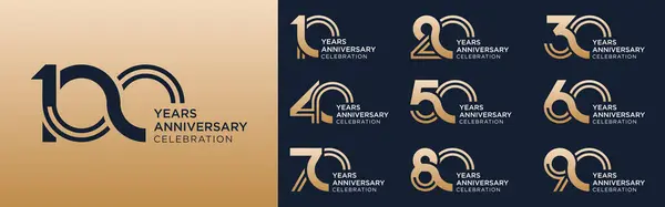 10. ve 100. yıl dönümü logoti tasarımı koleksiyonu. Kutlama etkinliği, düğün, tebrik kartı ve davetiye için altın renkli.