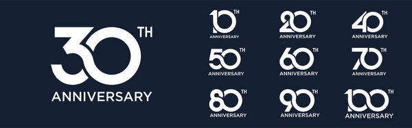 collection anniversary 10 to 100 year logo designs. abstract number for celebration event, wedding, greeting card, and invitation, vector illustration