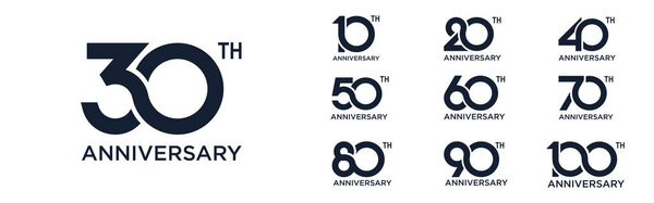 Коллекция юбилей от 10 до 100 лет дизайн логотипа. абстрактный номер мероприятия, свадьба, поздравительная открытка, приглашение, векторная иллюстрация