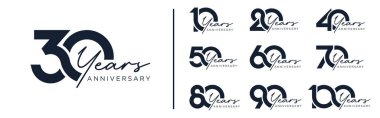 10. yıl dönümü ve 100. yıl dönümü logo tasarımları. Kutlama etkinliği, düğün, tebrik kartı ve davetiye için soyut numara, vektör illüstrasyonu